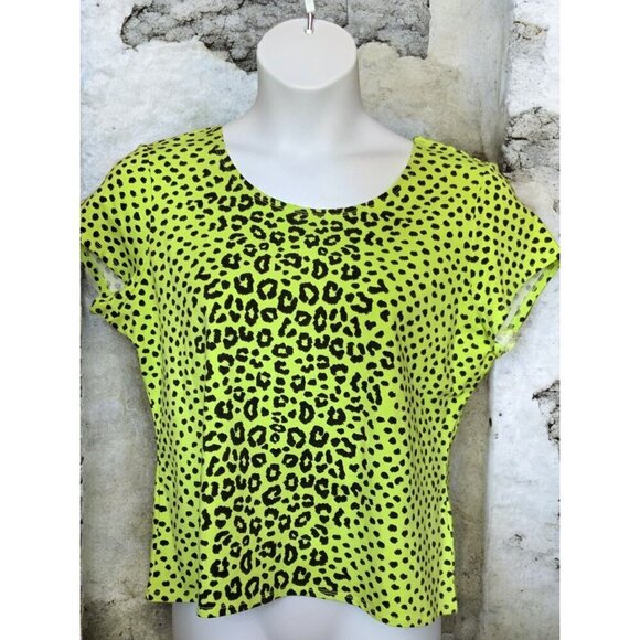 Ruby Rd Womens Petite Lime Green Leopard Print Short Sleeve Stretch Top NEW PXL - Picture 6 of 10